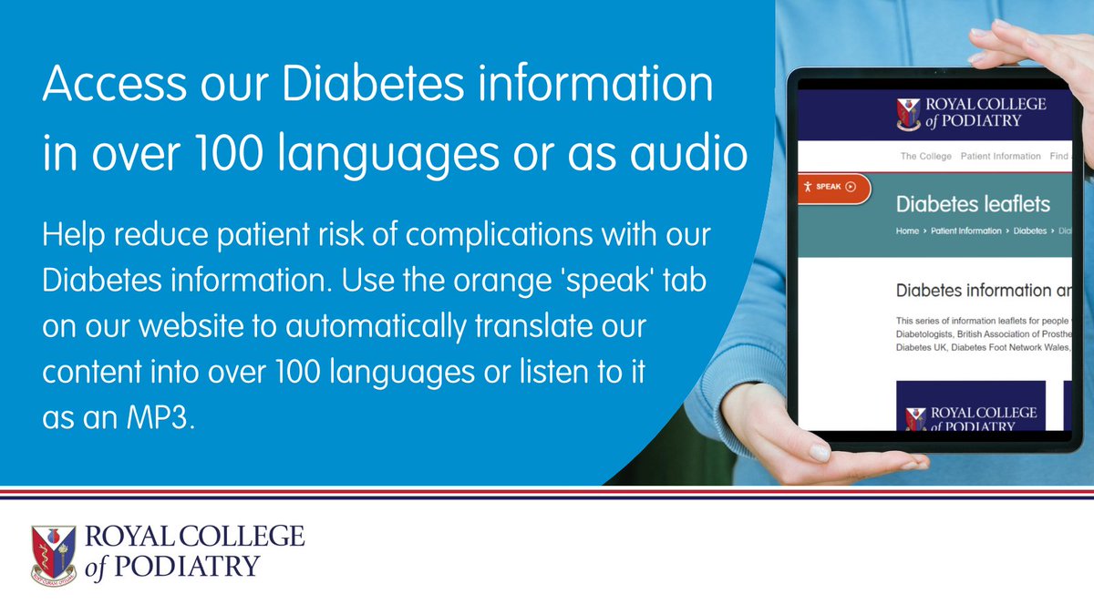 Did you know that our Diabetes patient information is available in over 100 languages or as audio? Visit rcpod.org.uk/patient-inform… and use the orange 'speak now' button to access the full range of services our website can offer. 
#DiabetesAwarenessWeek