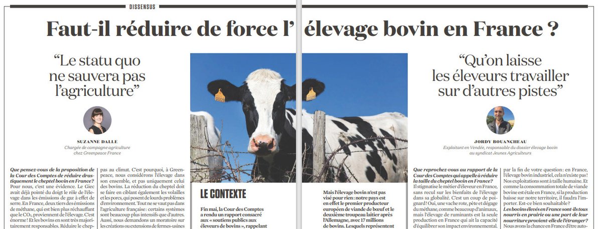 Faut-il réduire de force l'élevage bovin en France pour abaisser nos émissions de méthane? <a href="/LObsDissensus/">L'Obs Dissensus</a> dans L'Obs de cette semaine interroge Suzanne Dalle @Su9anne de <a href="/greenpeacefr/">Greenpeace France</a> et <a href="/JordyBouancheau/">Bouancheau jordy</a> du syndicat Jeunes Agriculteurs <a href="/JeunesAgri/">Jeunes Agriculteurs</a>