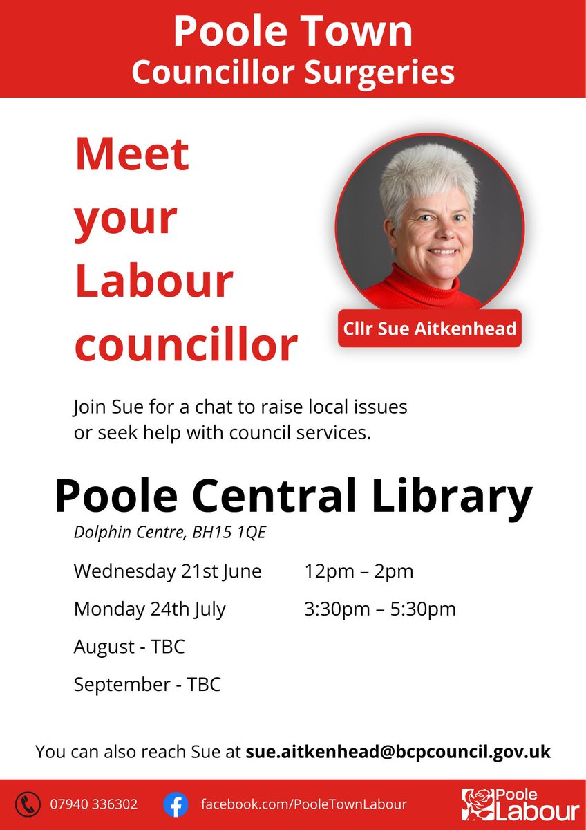 SCAitkenhead's tweet photo. I have been organising my surgeries for Poole Town residents. Please come and see me at the Library. First one is next Wednesday 21st June. https://t.co/MWK5lSAn40