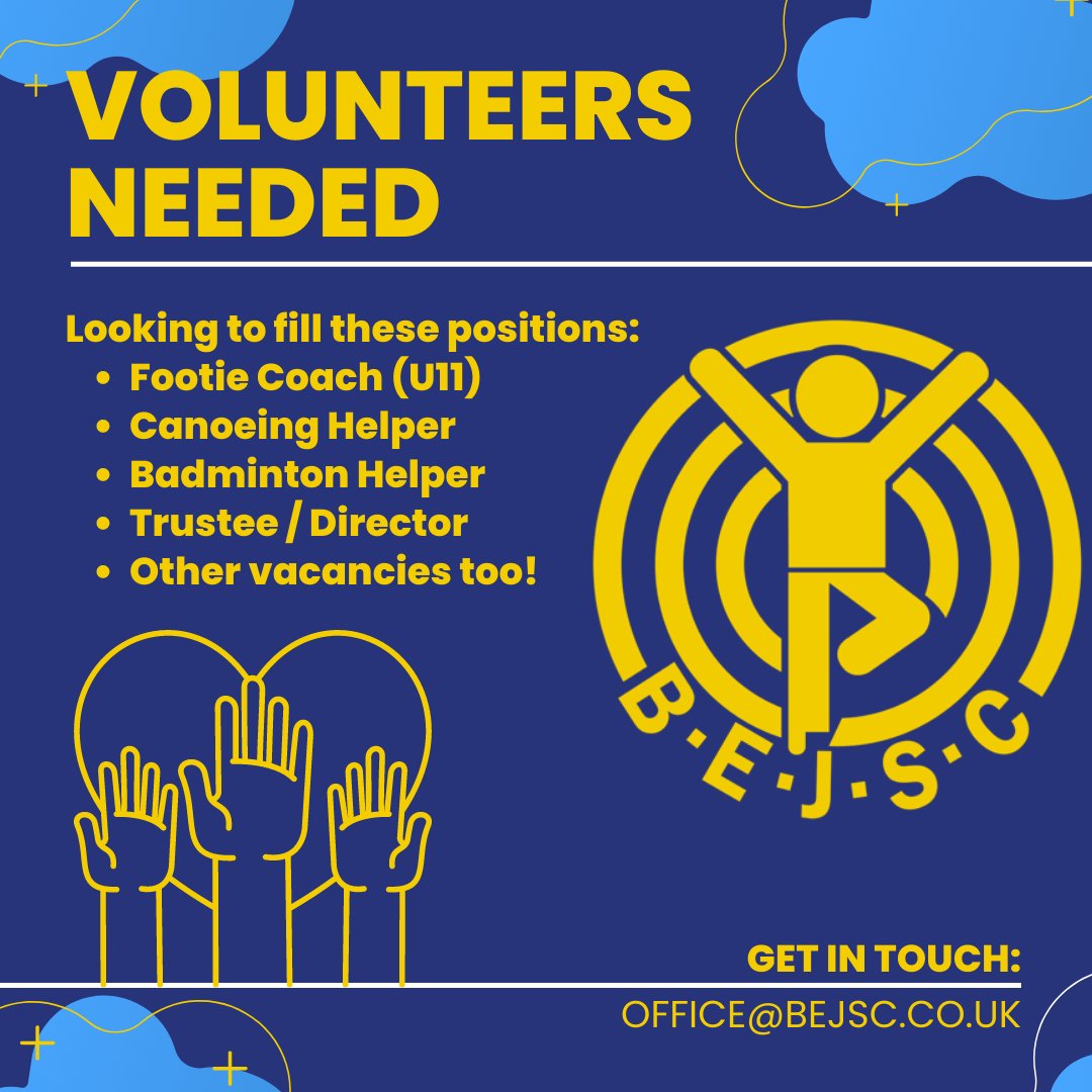 Volunteers - we need you!  Please enquire:  office@bejsc.co.uk

#Volunteer #VolunteersWeek #Badminton #Football #Canoeing #U11 #Coach #Coaching #Helper #Trustee #Director #BourneEnd #YouthClub #JuniorSports #BEJSC #Volunteering #Fun #KeepFit