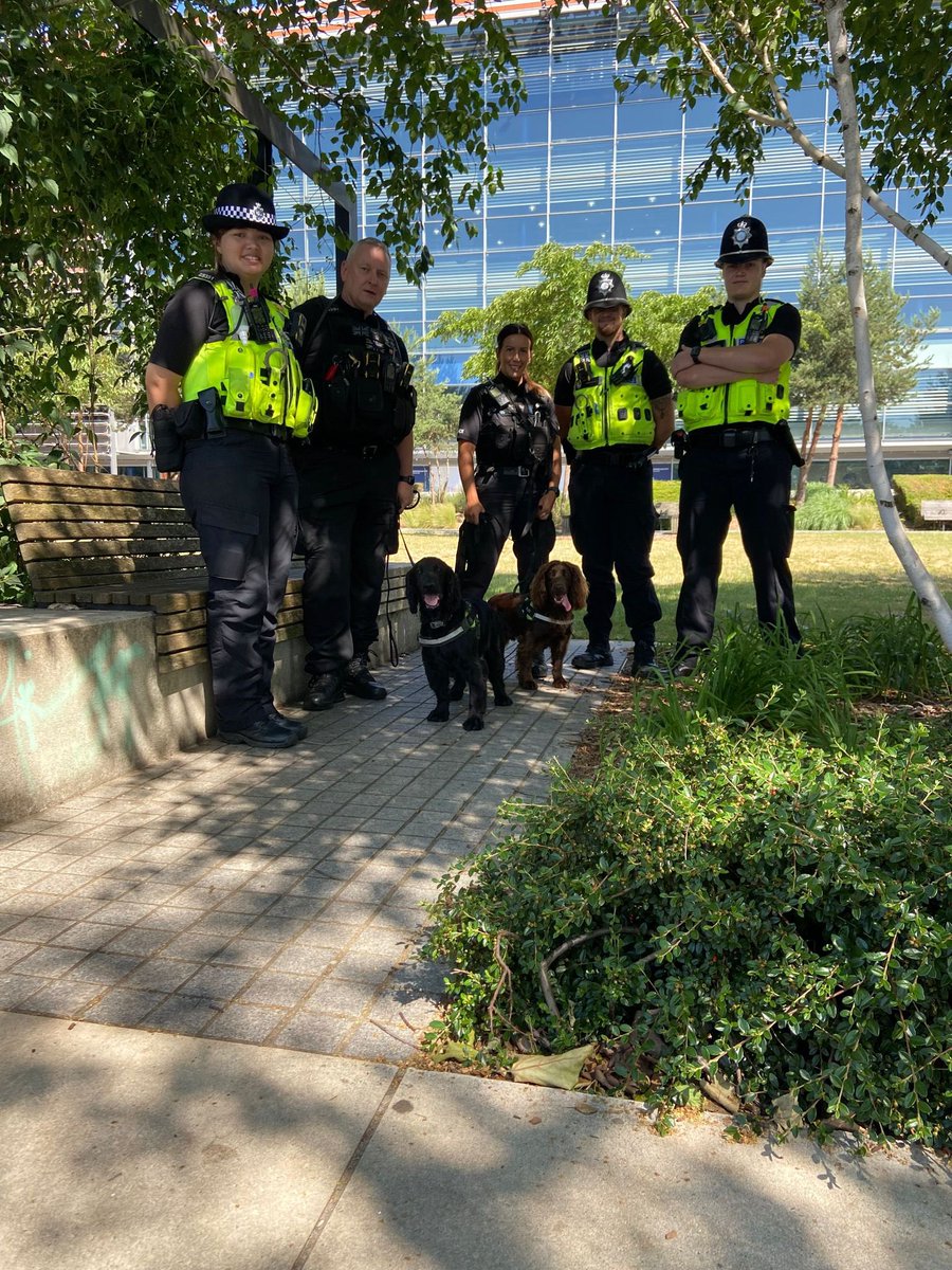 WMPDogs's tweet image. Live practical training for our narcotics drugs dogs and their handlers this week, working with the town centre neighbourhood team @BrumPolice high viz patrols in the ☀️ taking plenty of breaks 💧 #PDBud #PDDelph #PDChase 🐾