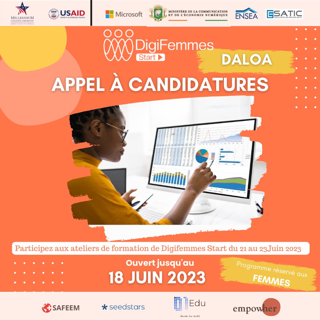 DigiFemmes's tweet photo. 3 jrs de formations gratuites sur le leadership et  l'utilisation d'outils digitaux offerts par  𝐃𝐢𝐠𝐢𝐅𝐞𝐦𝐦𝐞𝐬 𝐒𝐭𝐚𝐫𝐭!  Ca ne se rate pas

Entrepreneures de Daloa, Postulez ici 👉 https://t.co/Loq9tEnDug pour en bénéficier(21 au 23/06)
infos: patricia@digifemmes.com https://t.co/Yzzl1uIshQ