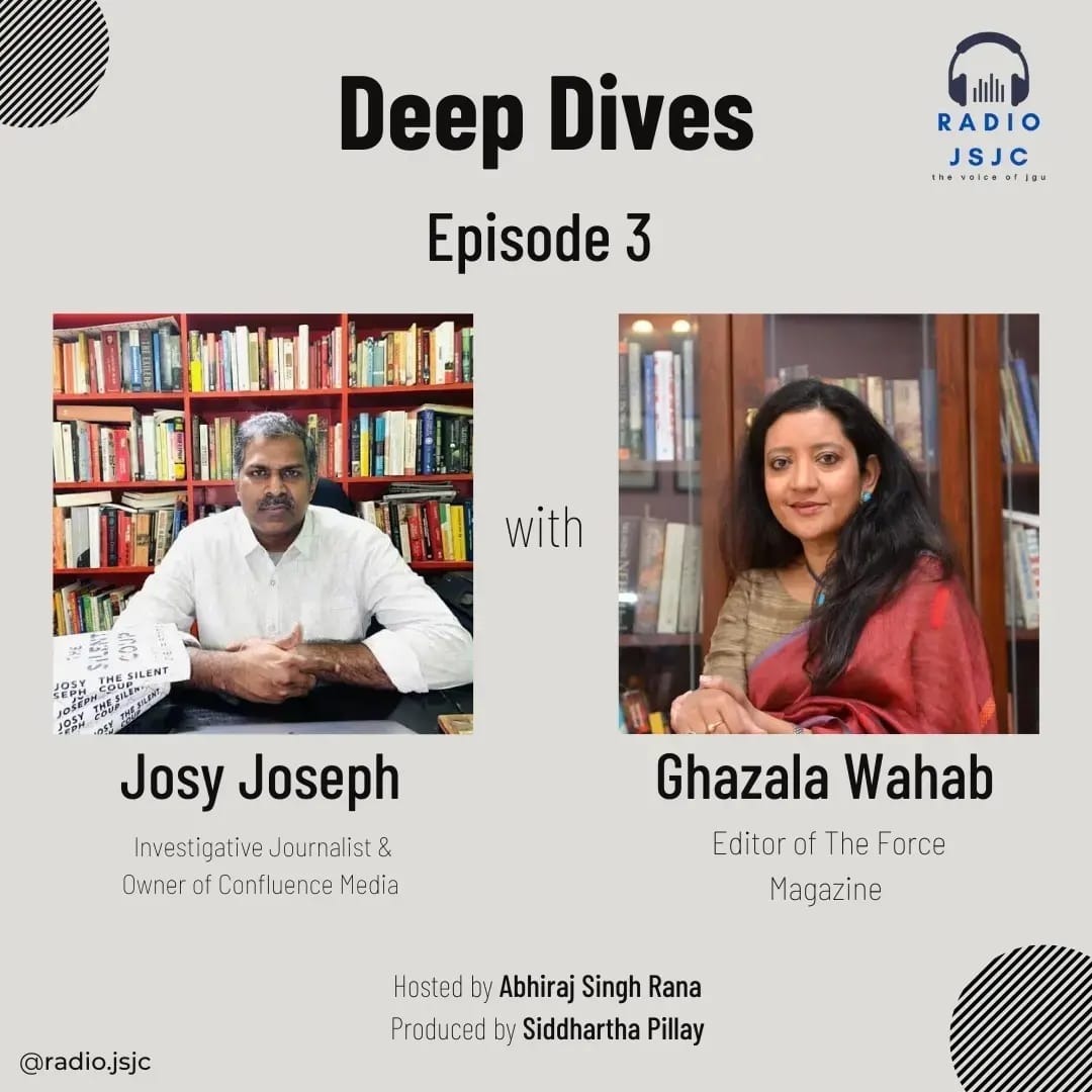jsjc_jgu's tweet photo. Listen to JSJC students interview @SrinivasanJain (formerly of NDTV), @ghazalawahab (Force India), @josyjosephkj (Confluence Media) and @HartoshSinghBal (Editor, The Caravan) - exclusively on Radio JSJC, our own digital radio channel! https://t.co/HM4WIfYPMh https://t.co/xOfVhQvAI2
