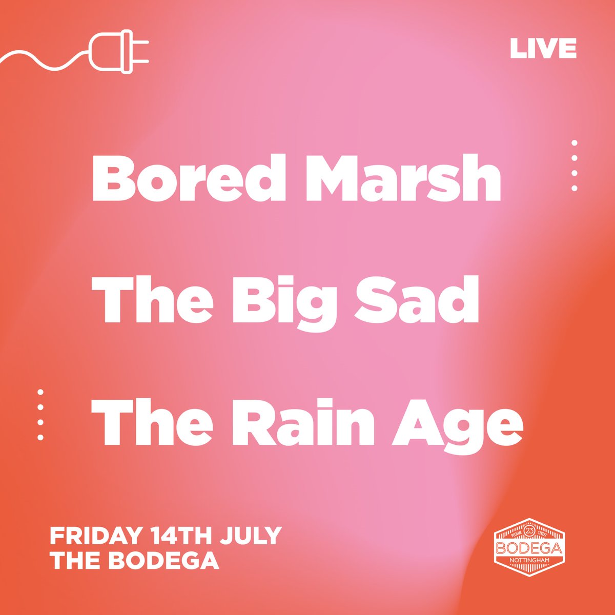 bodeganotts's tweet photo. GIG NEWS

We've got a triple threat headliner from some of Nottingham's finest new bands on 14th July. @BoredMarsh, The Big Sad and @therainage bringing the noise this Summer.

Tickets are on sale now from https://t.co/S1YEPJevrQ... https://t.co/d8D8QRE2P9