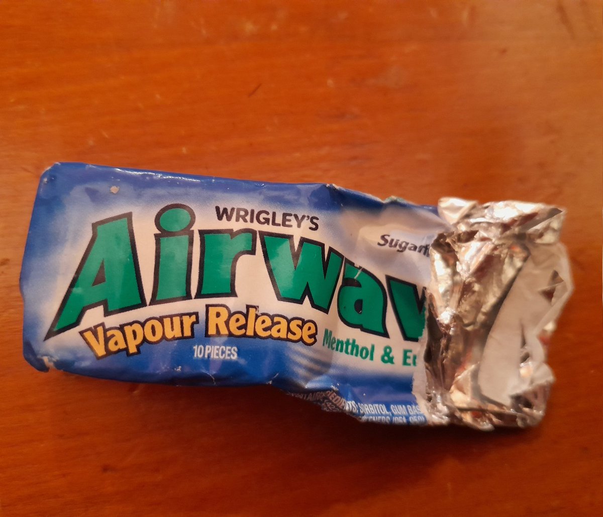 Tidying my desk this evening and I found half a pack of Wrigley's Airways 'Vapour Release'.

Talk about a bittersweet moment. This was by far the nicest chewing gum in NZ, but you can't buy it anymore 😭

I shall savour it one piece at a time.

But I wish they'd bring it back.