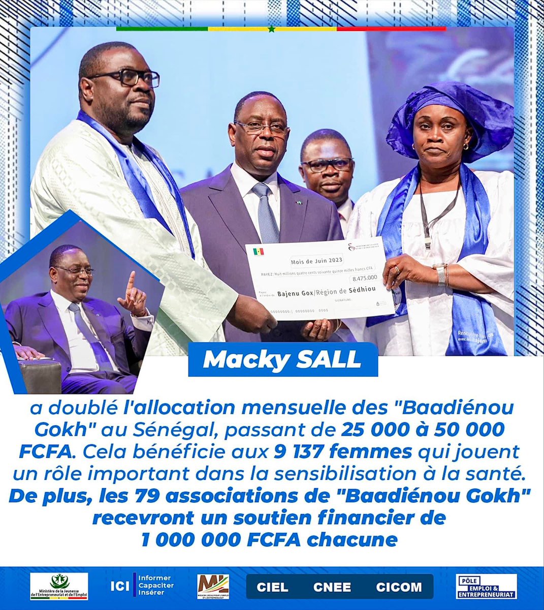 Modou__FALL's tweet photo. Le président Macky Sall a doublé l'allocation mensuelle des "Baadiénou Gokh" au Sénégal, passant de 25 000 à 50 000 FCFA. 
9 137 femmes dans la sensibilisation à la santé. De plus, les 79 associations de "Baadiénou Gokh" recevront un soutien financier de 1 000 000 FCFA chacune. https://t.co/bDXe3L0pFp