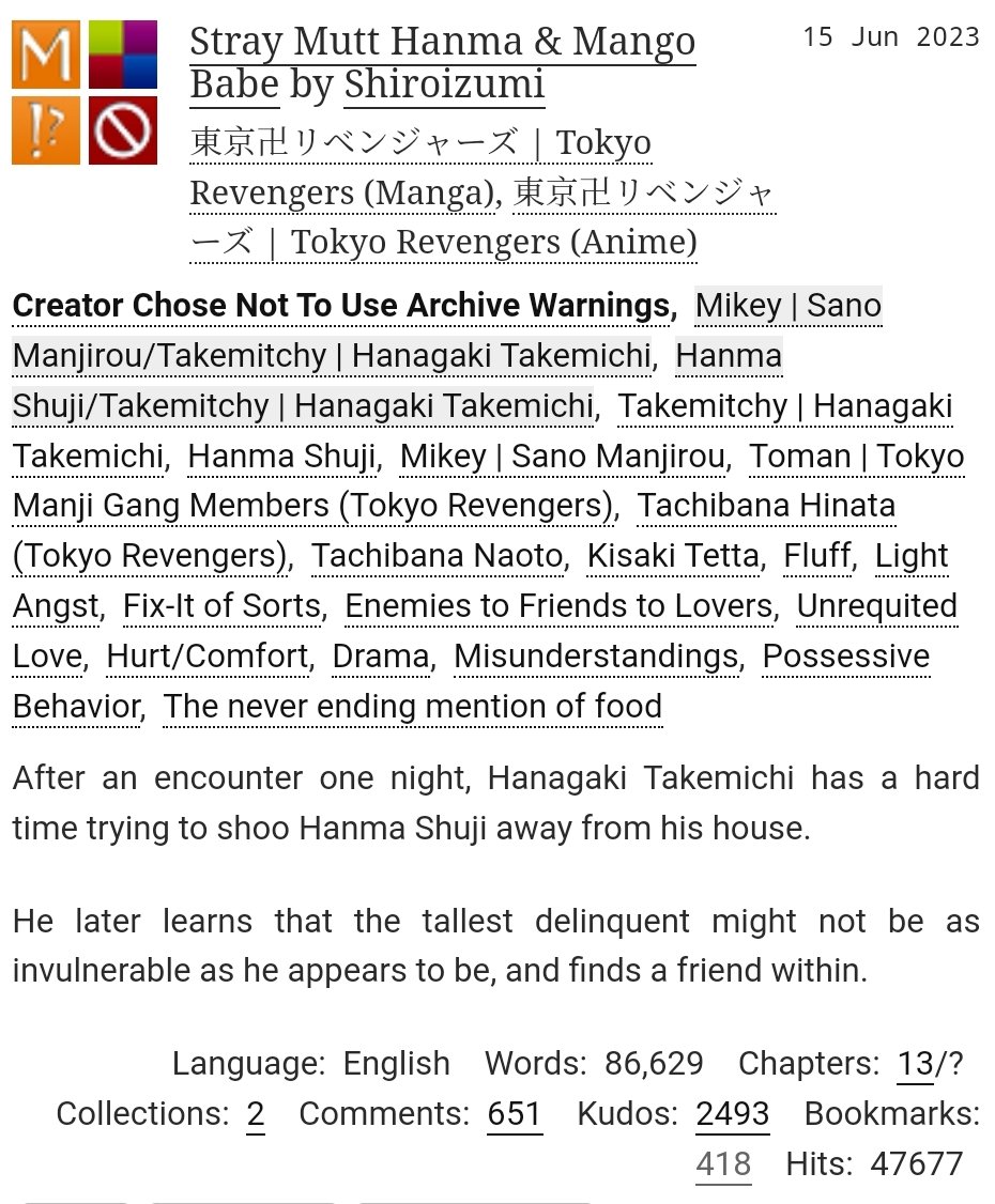 Woohoo an update! 🎉

archiveofourown.org/works/35380072… #TokyoRevengers #mitake #hantake