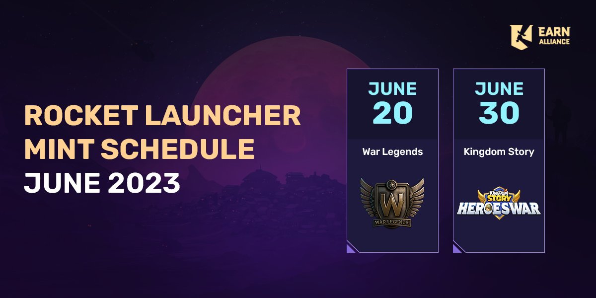 Earn Alliance (@earnalliance) on Twitter photo 🔊ROCKET LAUNCHER NFT JUNE SCHEDULE!🚀
Gear up for an exciting month of June with our game partner NFT mints!
👨🚀SIGN UP on <a href="/EarnAlliance/">Earn Alliance</a> website & mark your calendars!📆
🔗bit.ly/EARocketLaunch…
June 20 - <a href="/warlegendsco/">War Legends</a>
June 30 - <a href="/kingdomstorynft/">KINGDOM STORY: HEROES WAR</a> 🔊ROCKET LAUNCHER NFT JUNE SCHEDULE!🚀
Gear up for an exciting month of June with our game partner NFT mints!
👨🚀SIGN UP on <a href="/EarnAlliance/">Earn Alliance</a> website & mark your calendars!📆
🔗bit.ly/EARocketLaunch…
June 20 - <a href="/warlegendsco/">War Legends</a>
June 30 - <a href="/kingdomstorynft/">KINGDOM STORY: HEROES WAR</a>