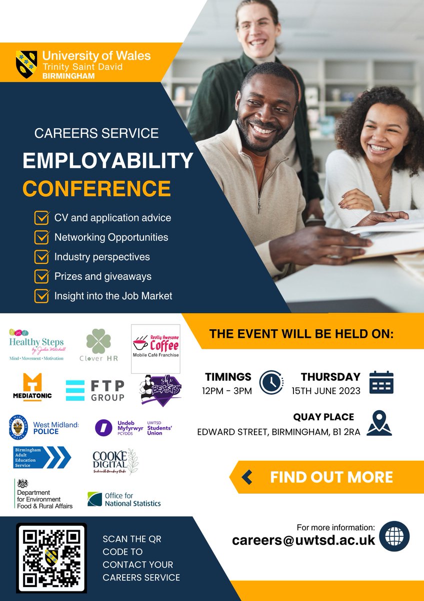 Network and boost your career opportunities by attending the Employability Conference Today at Quay Place Campus from 12pm - 3pm 🌟 

Benefit from 
- CV application and advice
- Networking opportunities
- Industry perspectives and so much more!
#Employabilityskills
#Employability