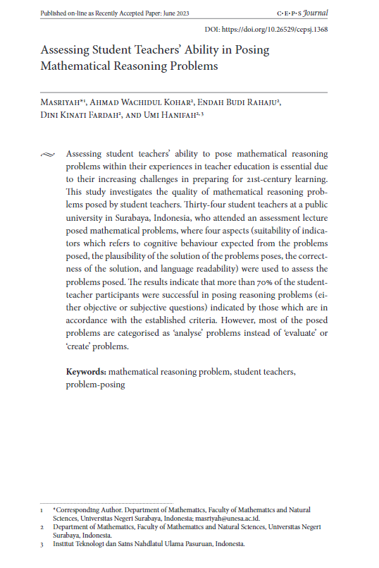 CepsJournal's tweet image. Check out the article “Asessing Student Teachers’ Ability in Constructing Mathematical Reasoning Problems” by Masriyah, Ahmad Wachidul Kohar, Endah Budi Rahaju, Dini Kinati Fardah and Umi Hanifah: cepsj.si/index.php/ceps…
#mathproblems #studentteachers #problemposing