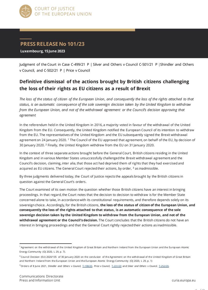 StevePeers's tweet photo. CJEU, Brexit law 

New judgment: challenge to EU conclusion of the withdrawal agreement for "removing" EU citizenship from UK nationals dismissed - loss of EU citizenship was due to UK decision to leave the EU, not the withdrawal agreement https://t.co/vwdnBSpKKh