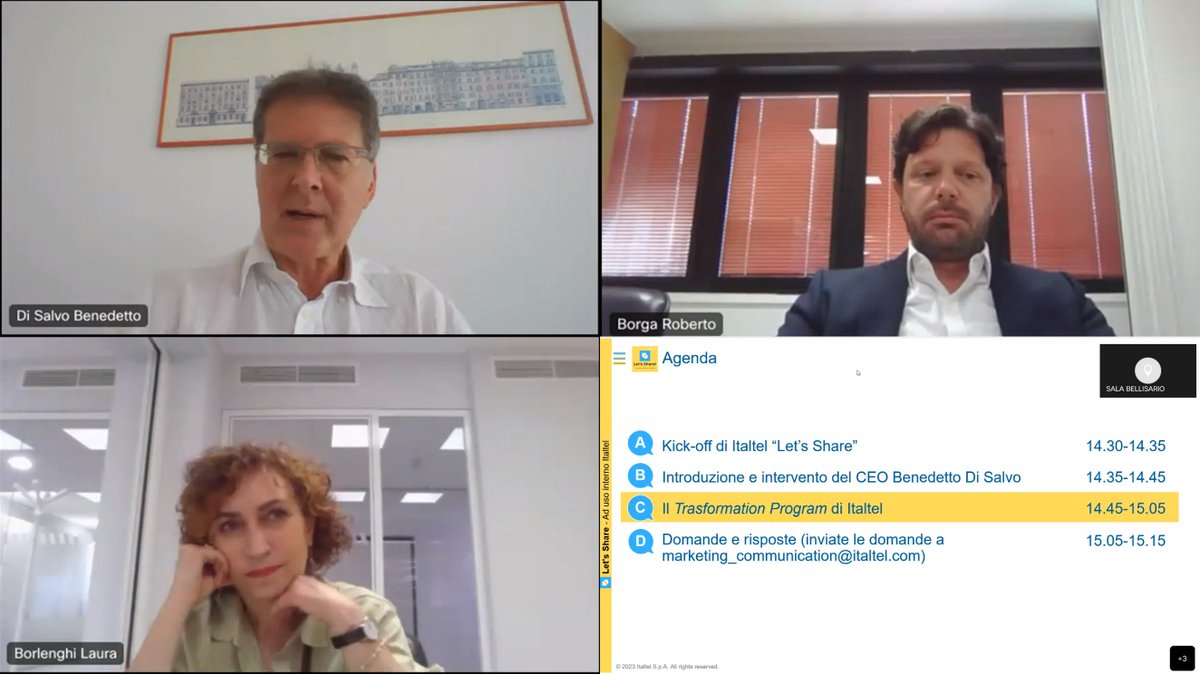 Italtel's tweet photo. Da alcuni mesi abbiamo lanciato un “Transformation Program” guidato da #RobertoBorga, da febbraio Chief Strategy & Transformation Officer di Italtel.
Ieri c’è stata la presentazione del programma a tutta la popolazione aziendale, e adesso? #avantitutta! #transformationprogram https://t.co/gVczXeIV80