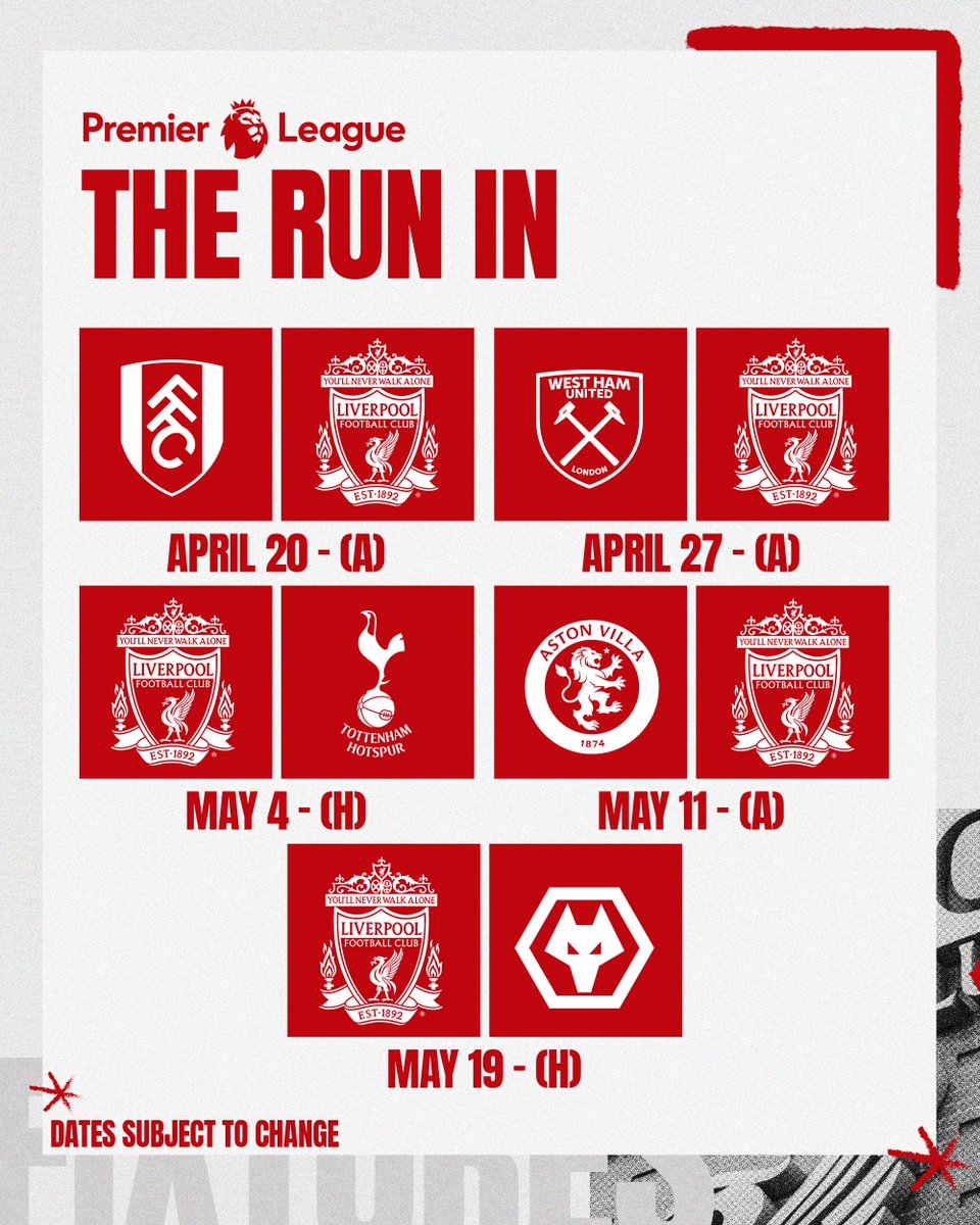 LFC's tweet photo. The Reds' @PremierLeague run-in. 

#PLFixtures https://t.co/eAScmOuubN