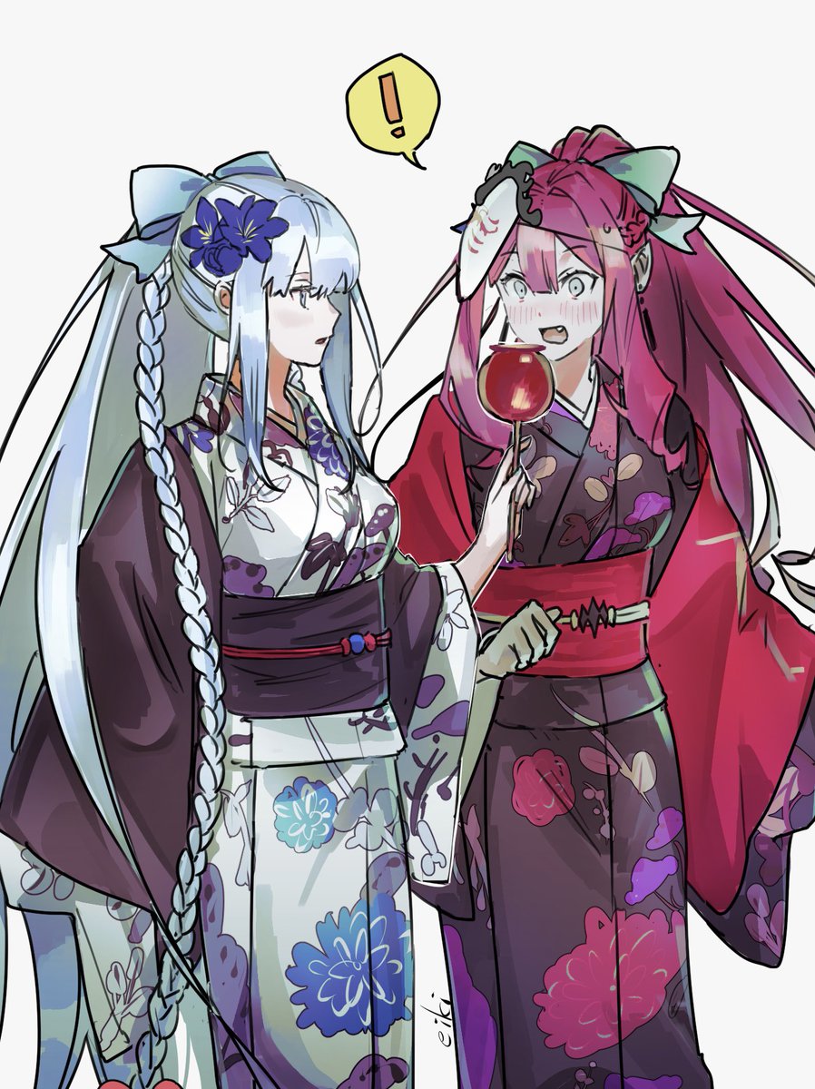 fairy knight tristan (fate) ,morgan le fay (fate) multiple girls 2girls kimono japanese clothes long hair ! food  illustration images