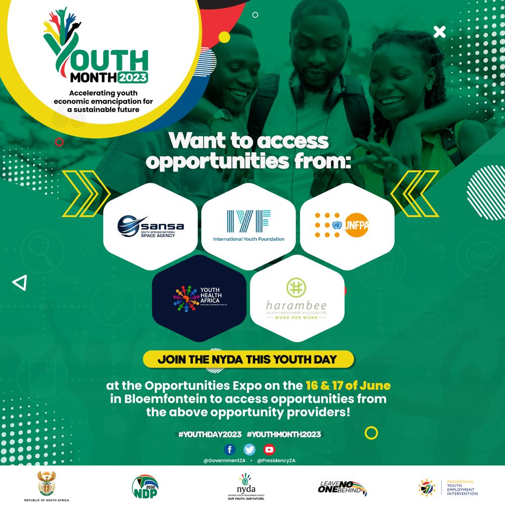 Are you in and around Mangaung? Come through, join the #NYDA at the Opportunities Expo!

Various opportunity providers will be available, they are here for you.

16 and 17 June 2023.

#YouthExpo #YouthMonth2023 #YouthMonth #YouthDay #Youth76 #OurYouthOurFuture #LimitlessYouth