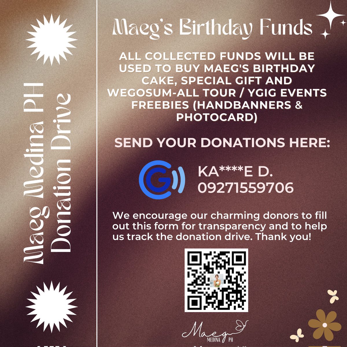 [ 🎂 ] #YGIGMaeg's Birthday Donation Drive

MaegMedinaPH is organizing a donation drive in celebration of Maeg's upcoming birthday. We kindly request WeGo's support to help us make this event extraordinary and possible.

Please refer to the attached photo for additional details.