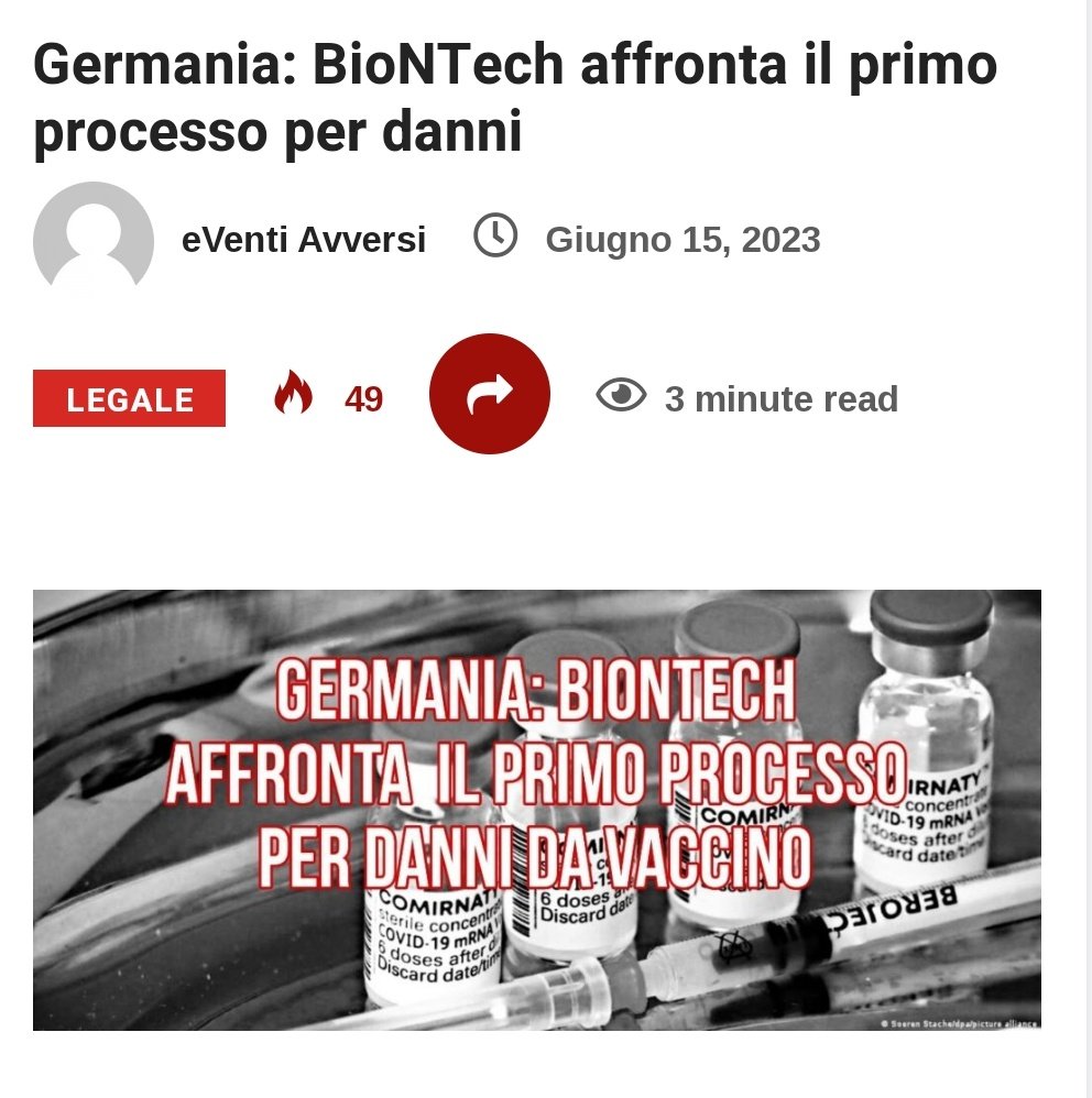 e_Avversi's tweet photo. Germania: BioNTech affronta il primo processo per danni
derivanti dagli effetti collaterali del suo vaccino Comirnaty                    

https://t.co/9CgGNtISIz

#COVID19 #vaccineinjuries #Pfizervaccine #VaccineSideEffects #vaccinedeaths #mRNA #Germany #BioNTech #EventiAvversi https://t.co/tuZf4UsBKx