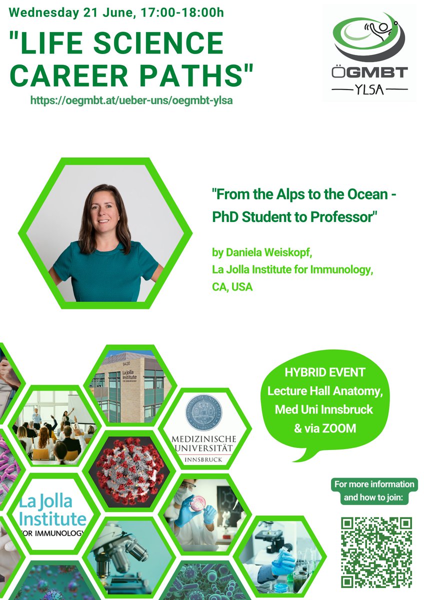ogmbt_ylsa's tweet photo. 📢 Join us for the next Life Science Career Path organized by YLSA West!
🗓️ June 21
⏰ 5pm
🌍 Online (Zoom) + MedUni Innsbruck
🎓 Hear from Daniela Weiskopf, a distinguished professor in the USA, as she shares her career journey.
Register now: ylsa@oegmbt.at
#LifeScience #YLSA https://t.co/BGnxJFYpqA