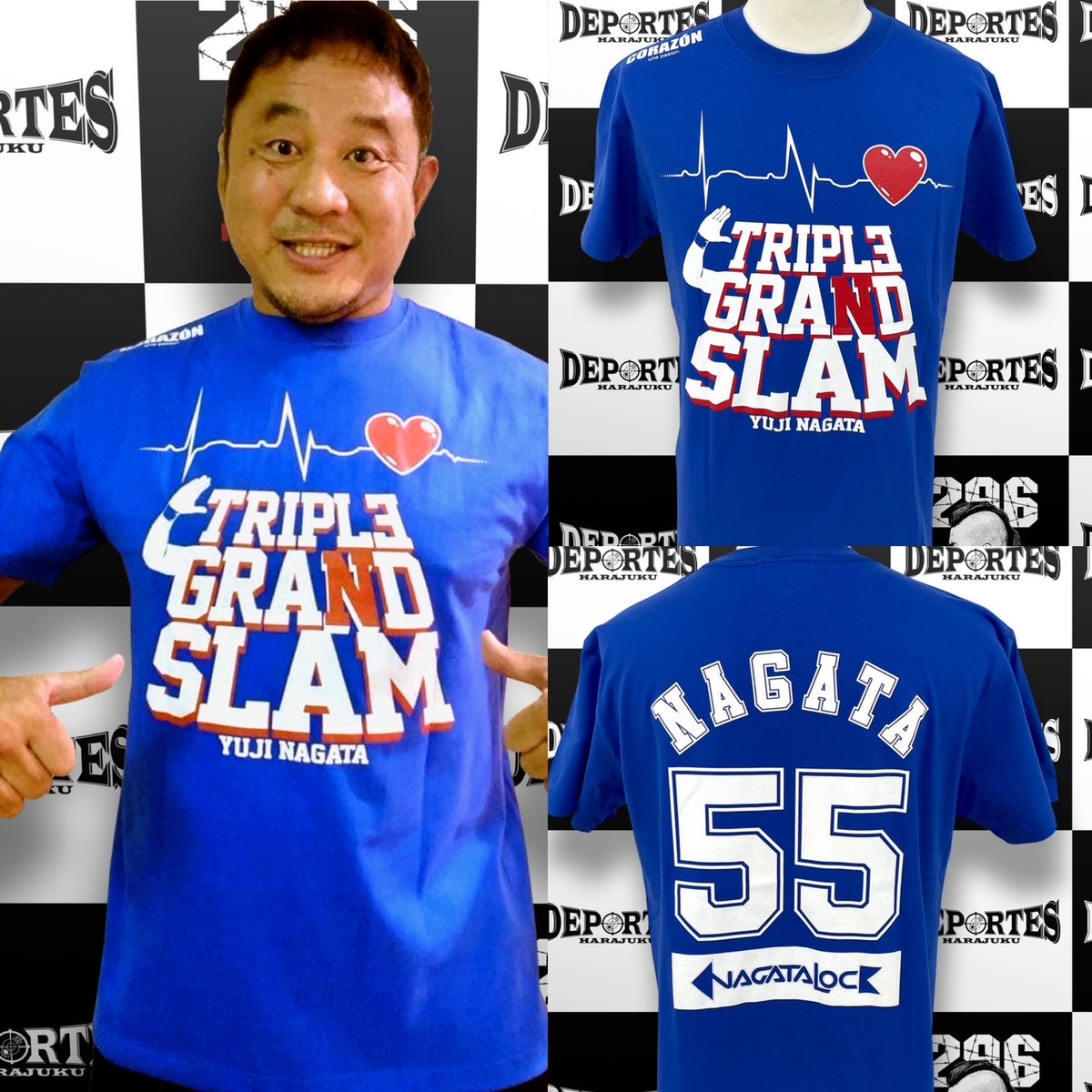 【#CORAZON】佐倉大会まであと3日。
「TRIPLE GRAND SLAM Tシャツ」発売中。試合当日は永田選手のTシャツ着て応援しましょう。カラーはブルーのみ。サイズはＳ～XXLまで。4,000円(税別)  #デポルテス #永田裕志 #njpw #bluejusticexii #青義回帰