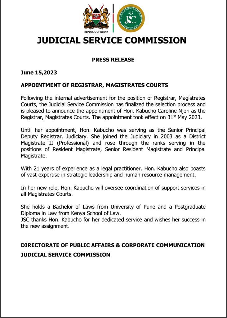 Appointment of Registrar, Magistrates Courts
