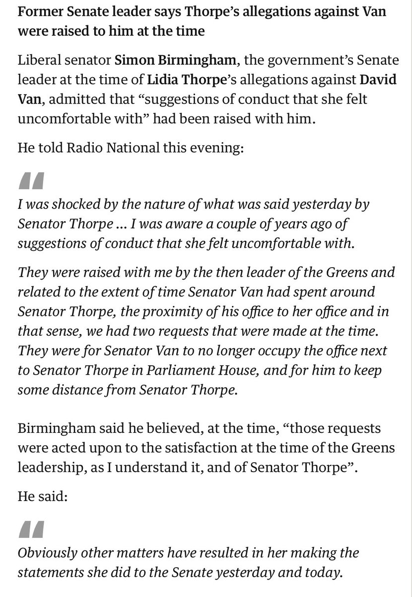 So, the Greens knew. The Liberal Party knew, and merely moved Van to another office. But Morrison knew nothing?

The #LiarFromTheShire strikes again.

Birmingham effectively confirms Thorpe’s statements. David Van needs to be sacked.

#auspol