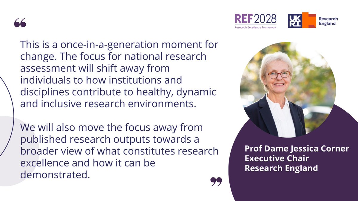 Today's report sets out changes to broaden the range of research assessment. @REF2028 will shift its focus from the performance of individuals towards the contribution made by institutions and disciplines to healthy, dynamic & inclusive research environments.