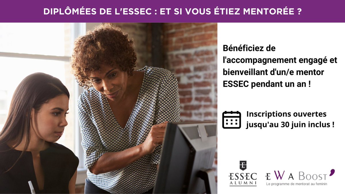 essecalumni's tweet image. 📣 MENTORAT | Diplômées de l'ESSEC : il vous reste deux semaines pour vous inscrire au programme EWA Boost' 2023, l'accélérateur de succès professionnel au féminin !  

Une chance unique de bénéficier de l'accompagnement d'un/e mentor #ESSEC de haut niveau, pendant un an !