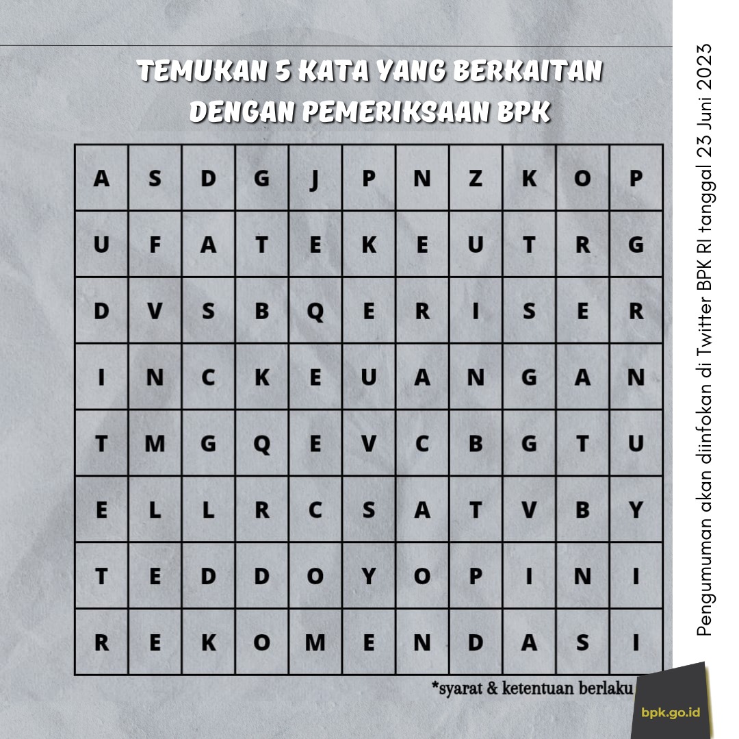 #BPKawan
Menangkan saldo e-wallet senilai @ 100k untuk 5 pemenang #KuisBPKamis

Mau?
Jawab dan ikuti syarat &amp;  ketentuannya ya!

Tunggu apa lagi?
Yuk ramaikan #KuisBPKamis, siapa tau kamu yang beruntung!🤩

#BPKRI #KawalHartaNegara