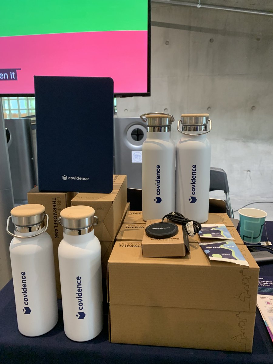 Great news our box has finally arrived and I don’t want to have fly home with this stuff so please help us out and pop by the Covidence stand and check out our Covidence water bottles, wireless chargers and classy notebooks! #EAHIL2023. ⁦<a href="/Covidence/">Covidence</a>⁩ ⁦@CovidenceHelen⁩