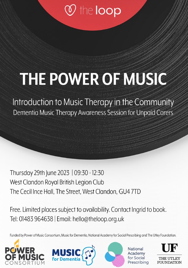 Join @theloopsurrey  for 'The Power of Music' 🎵

An Introduction to music therapy in the community.

📅Thursday 29th June 2023
🕒 9.30 - 12.30

More details below👇