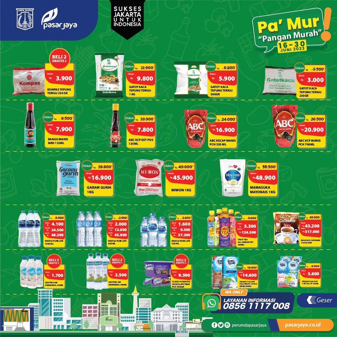 DKIJakarta's tweet photo. Halo warga Jakarta!

Promo mingguan hadir kembali dalam Promo Pa'Mur "Pangan Murah" bulan Juni. Promo #PaMur tersedia di Gerai #JakGrosir #JakMart & #MiniDC Perumda Pasar Jaya.

Periode promo hanya berlaku mulai 16 s.d. 30 Juni 2023, jadi jangan sampai kehabisan ya!

Sumber: @PasarJaya_JKT

#DKIJakarta #suksesjakartauntukindonesia #JagaJakarta #Jakarta496 #JadiKaryauntukNusantara #PromoPasarJaya #PromoPaMur #Jakpreneur #JakMart #JakGrosir #SembakoMurah #minyakmurah #minyakgorengmurah