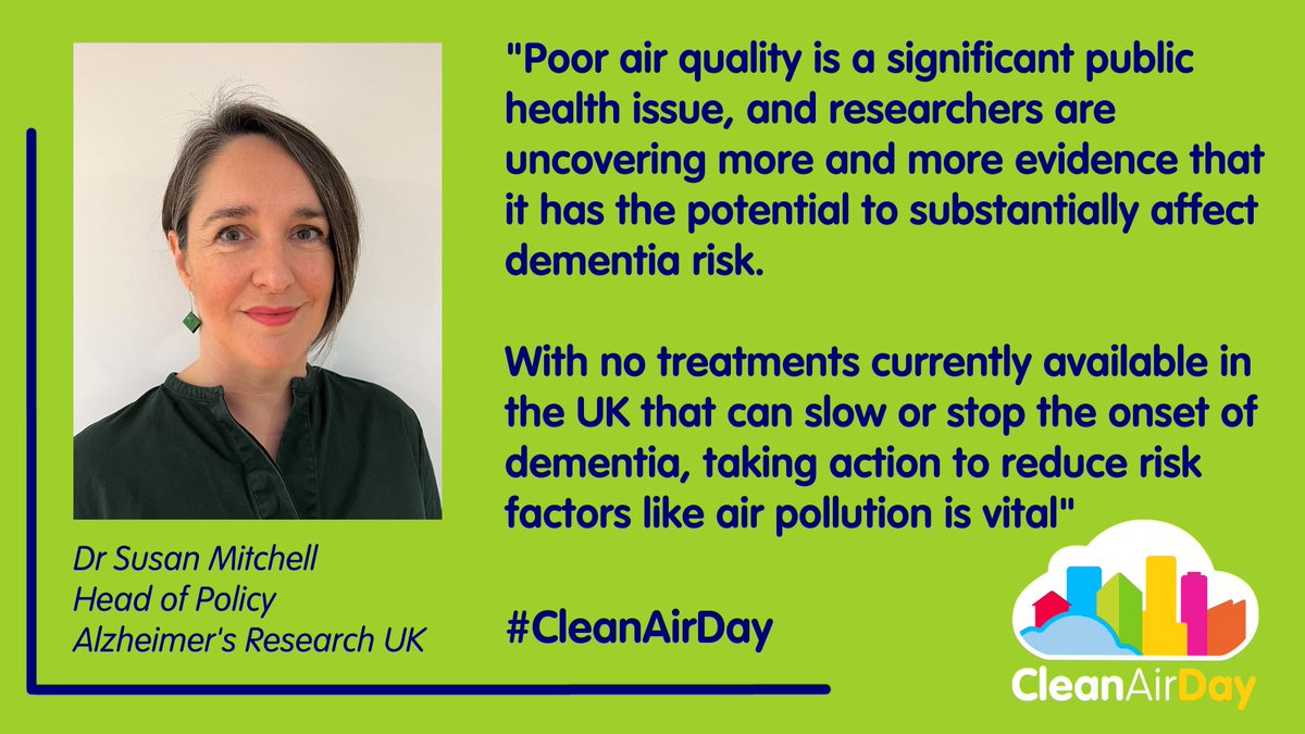 We’re delighted to be partnering with Alzheimer’s Research UK on this morning's APPG on Air Pollution event, and to have Dr Susan Mitchell, Head of Policy at @AlzResearchUK speaking in more detail on our #CleanAirDay theme, which is focused on mind and brain health. @APPGairpoll