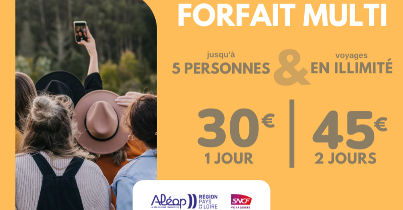 TERPays2LaLoire's tweet photo. [#ForfaitMulti] 👨‍👩‍👦‍👦 Vous prévoyez un voyage en famille ou entre amis dans les Pays de la Loire ? C'est le #ForfaitMulti qu'il vous faut ! Il vous permet de voyager en #TER en illimité sur deux jours et jusqu'à 5 personnes pour seulement 45€.

La version 1 jour existe également.⤵