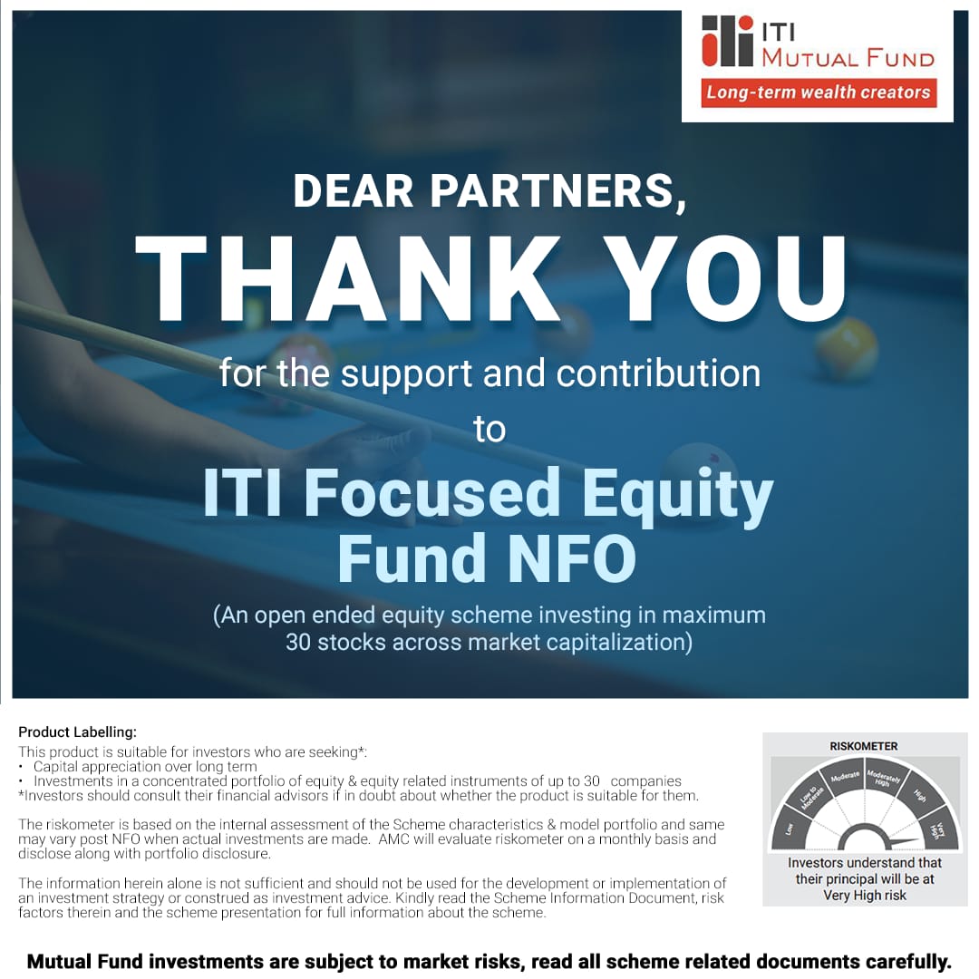 itimutualfund's tweet photo. We at ITI Mutual Fund would like to extend gratitude to our partners who have contributed to the NFO of ITI Focused Equity Fund. We sincerely appreciate your dedication to our mission and look forward to working with you on many more fruitful projects in the future.

#ITIMF https://t.co/aXXBtXdDsD