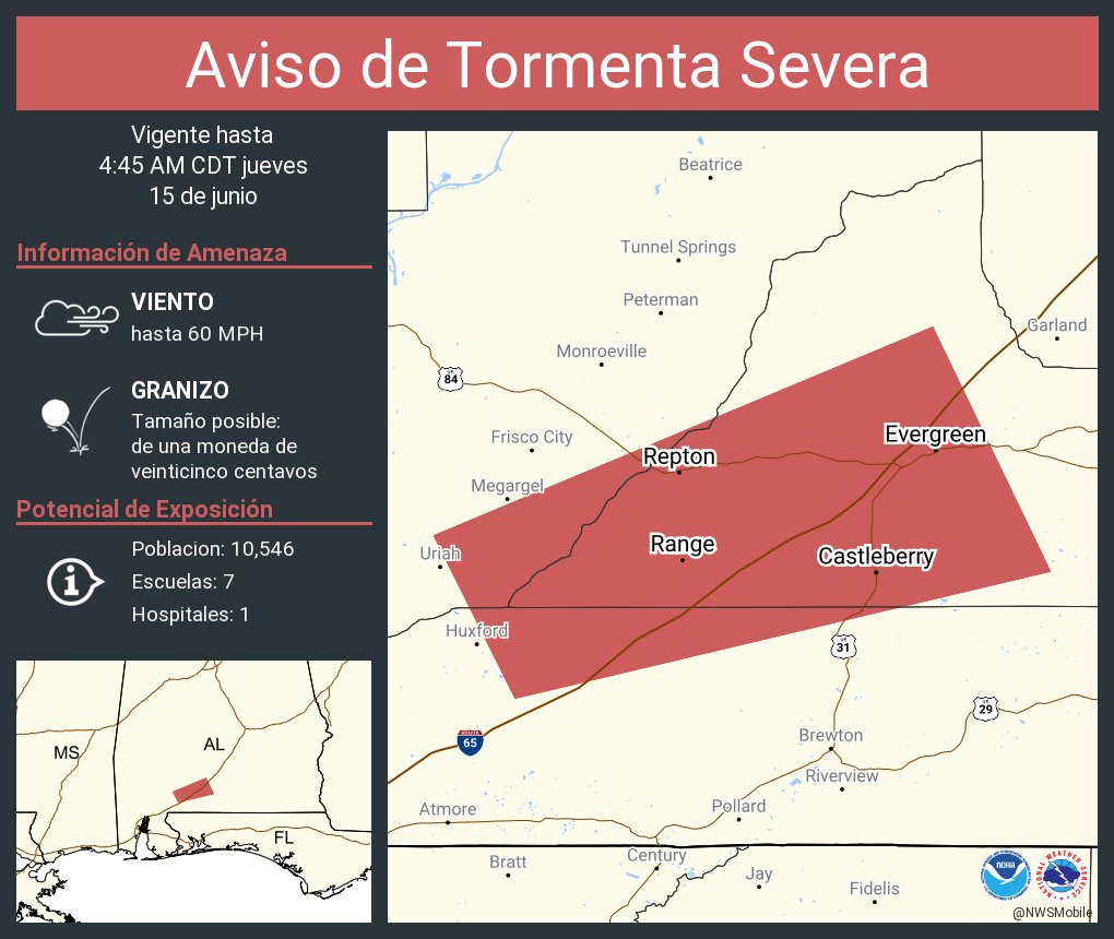 NWS Mobile on Twitter "Aviso de Tormenta Severa incluye Evergreen AL
