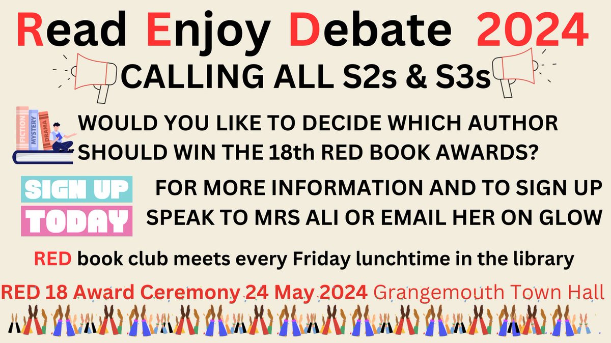 Calling all S2s and S3s from #TeamStMungos! Would you like to have a say in who should appear in the #REDAward18 shortlist for the RED book Awards 2024? If so, come visit me in the library #ReadingForPleasure