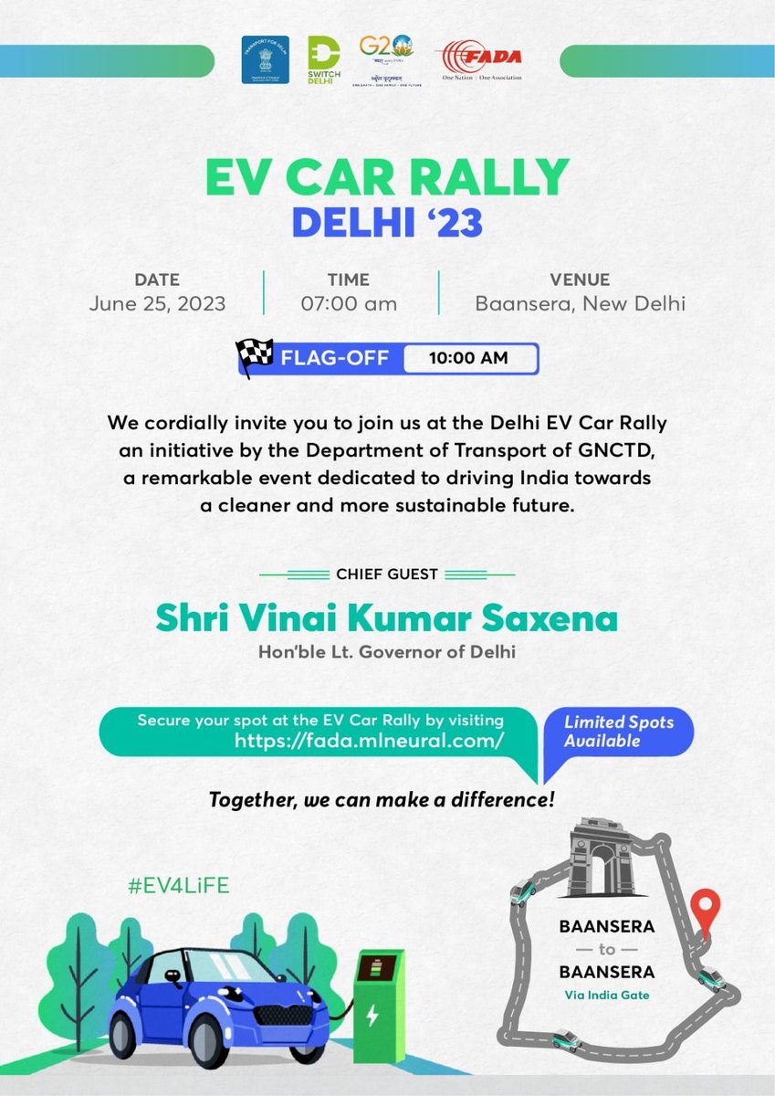 #EVCarRally 
Good initiative by #Delhi. 
I am joining as a private EV owner. Are you ?

Date : 25th June'23
Time : 07:00 am 
Venue : Baansera, New Delhi
Registration link : fada.mlneural.com

Let's join together and create awareness. 
#ABB #EVCharging #Zeroemissions…