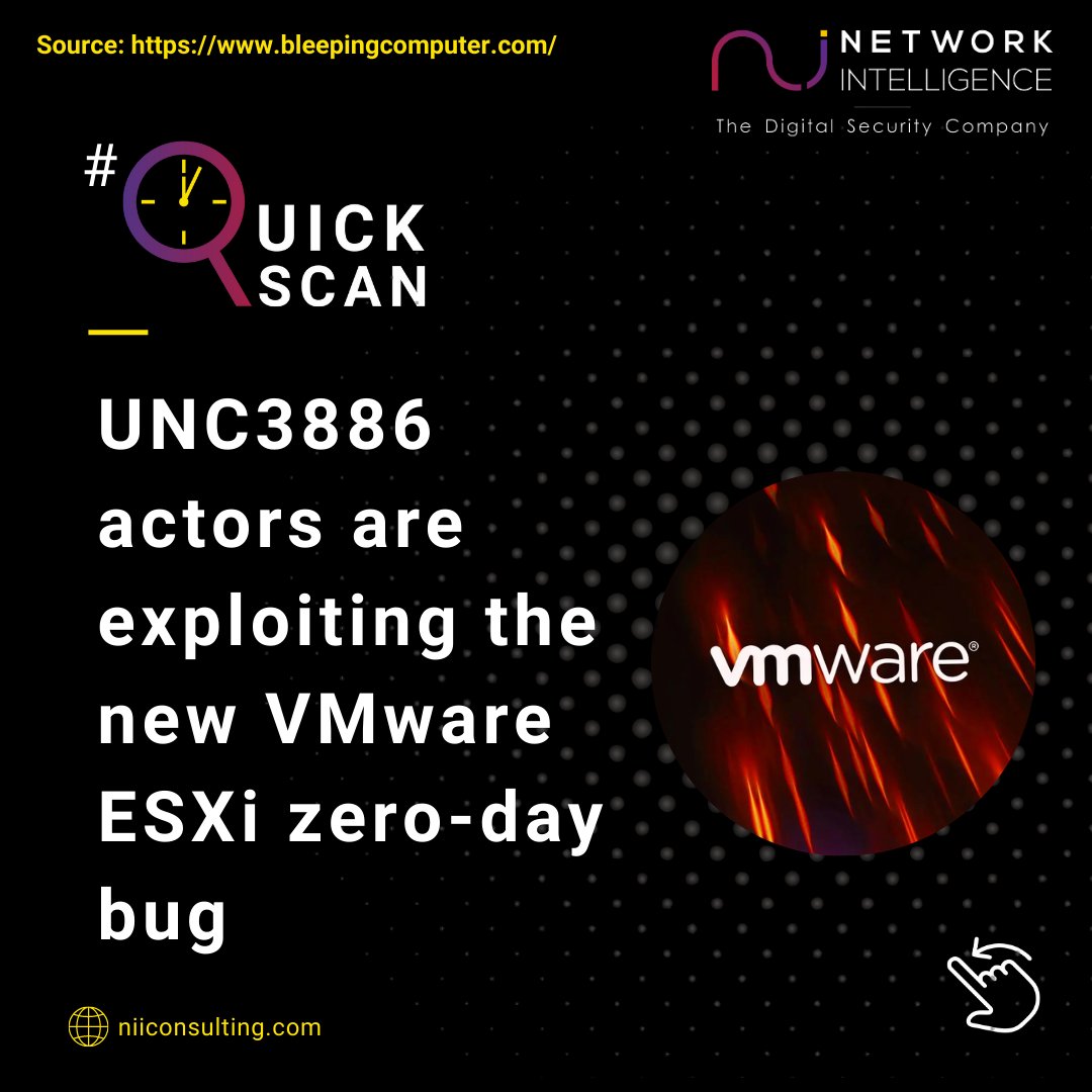 niiconsulting's tweet photo. #QuickScan: UNC3886 actors are exploiting the new VMware ESXi zero-day bug
Read More: https://t.co/BFBpFlOnvB
#cybersecurity #NetworkIntelligence #cyberattacks #technology #cybersecurityawareness #vulnerabilities #malware #VMware #zeroday #databreach #datasteal https://t.co/Cf1YZLAgpP