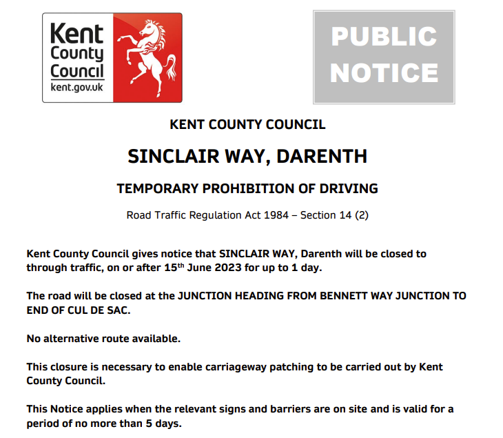 Darenth, Sinclair Way. Road closure today (15th June) for carriageway patching works. #Kentpotholes