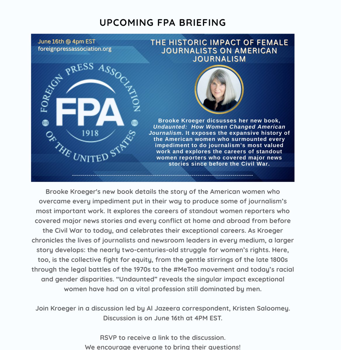 Brooke Kroeger (@brookekroeger) on Twitter photo So look forward to meeting <a href="/KSaloomey/">Kristen Saloomey</a> of Al Jazeera English, the interlocutor for a Zoom, open-to-the-public Foreign Press Association briefing about UNDAUNTED on Friday, June 16, at 4pm ET. For a link to the discussion, RSVP to: us02web.zoom.us/webinar/regist… @fpanewsusa <a href="/FPANewYork/">Foreign Press Association</a> So look forward to meeting <a href="/KSaloomey/">Kristen Saloomey</a> of Al Jazeera English, the interlocutor for a Zoom, open-to-the-public Foreign Press Association briefing about UNDAUNTED on Friday, June 16, at 4pm ET. For a link to the discussion, RSVP to: us02web.zoom.us/webinar/regist… @fpanewsusa <a href="/FPANewYork/">Foreign Press Association</a>