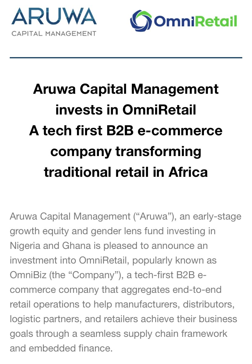 Aruwa Capital Management (@aruwacapital) on Twitter photo Aruwa Capital Management is thrilled to announce our recent investment into <a href="/omnibizafrica/">OmniBiz | Digitizing B2B E-commerce</a>
OmniRetail, a tech-first B2B e-commerce company, is revolutionizing the retail landscape in Nigeria and Ghana by aggregating end-to-end retail operations.
#AruwaCapital Aruwa Capital Management is thrilled to announce our recent investment into <a href="/omnibizafrica/">OmniBiz | Digitizing B2B E-commerce</a>
OmniRetail, a tech-first B2B e-commerce company, is revolutionizing the retail landscape in Nigeria and Ghana by aggregating end-to-end retail operations.
#AruwaCapital