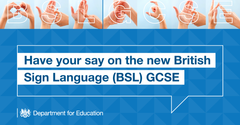 educationgovuk's tweet photo. Today we’re launching a consultation on the subject content of our new British Sign Language (BSL) GCSE. 

We want teachers, employers, and the deaf and hearing communities to give their views as part of our 12-week consultation. 

Click below to take part ⬇️