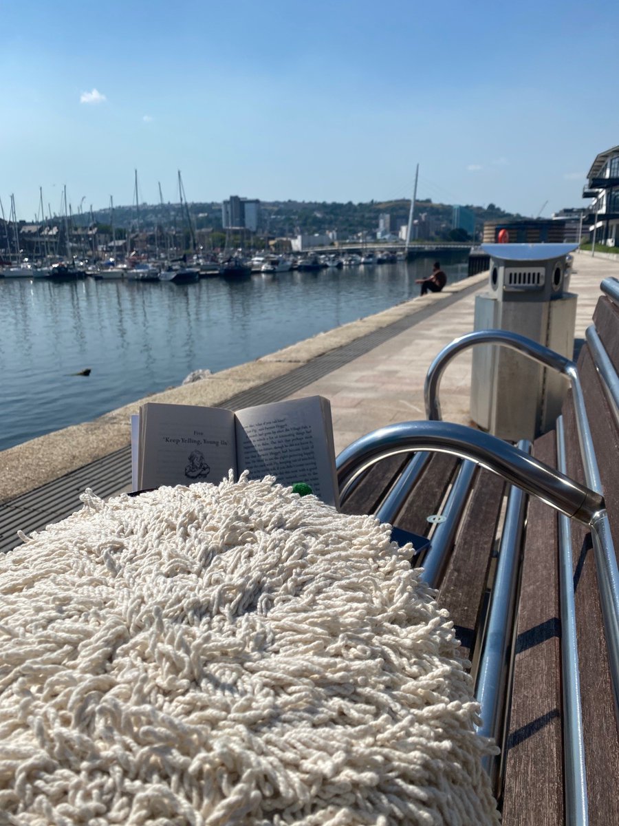 UWTSDLib's tweet photo. Lady Baa Baa is enjoying her time in Y Fforwm by reading her book in the sunshine and enjoying the view of the marina, can you suggest what her next summer read should be? Comment below #LibrarySheep #WhereIsEwe #SummerTour https://t.co/3gzX3hAp4f