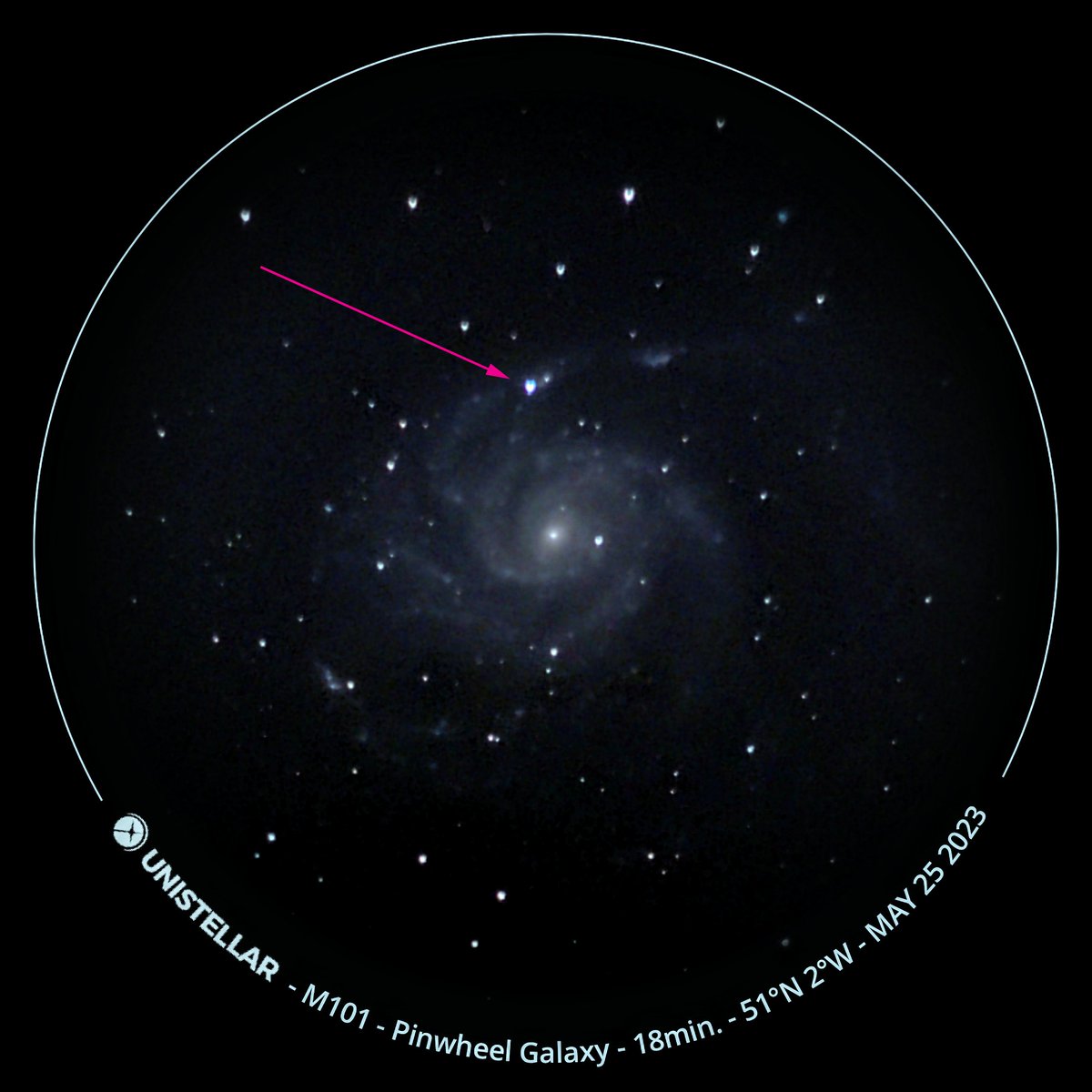 The challenge continues! Jonathan's second #Herschel400 observation highlight is the #supernova ‘SN 2023ixf’ in the Messier galaxy M101. It is the closest supernova to us for 10 years ! Captured on 25th May from Saltford – the arrow shows the position of the supernova.