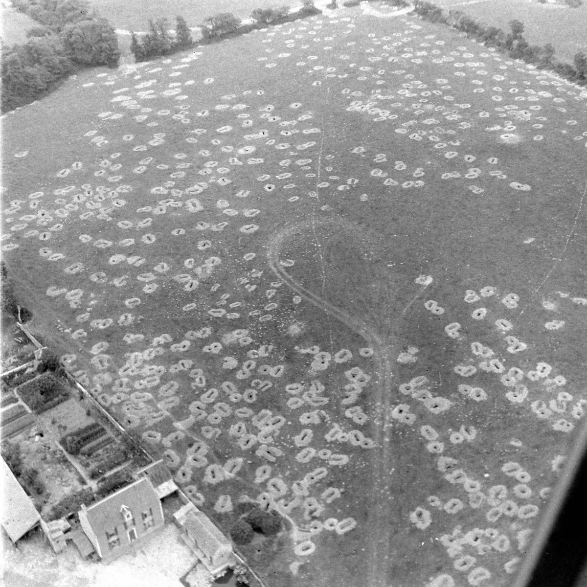 Foxhole positions in a Normandy field among the Bocage, in a sector held by US Forces in June 1944. Aerial image by Life Magazine. #WW2 #Normandy #DDay