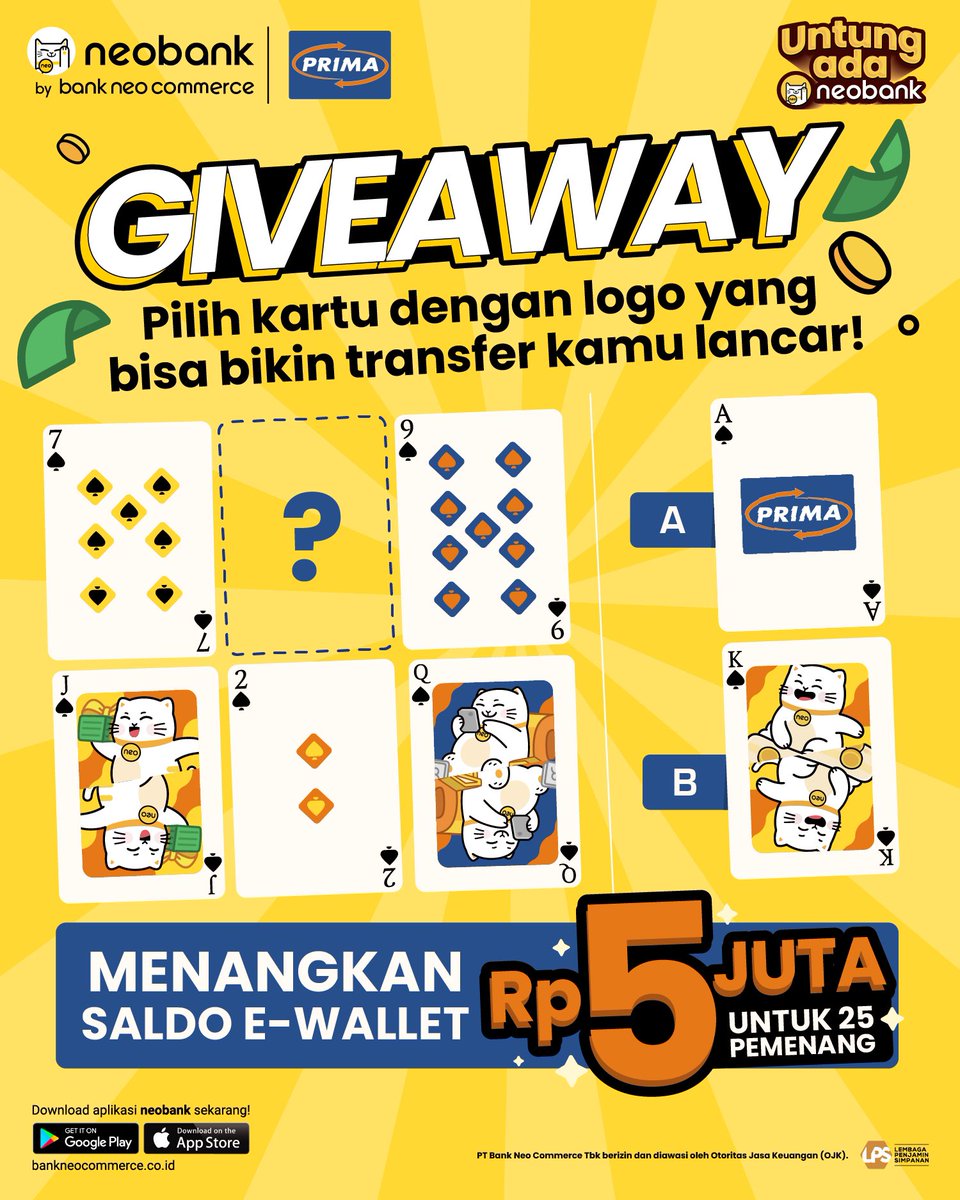 Bank Neo Commerce (@bankneocommerce) on Twitter photo 🎉 Bank Neo Commerce X <a href="/jaringanprima/">Jaringan PRIMA</a> GIVEAWAY 🎉
Pada gambar ini, pilih kartu dengan logo yang memproses transfer kamu realtime online & bantu transferan di aplikasi neobank jadi lancar!
Tulis jawabanmu di kolom reply & MENANGKAN SALDO E-WALLET TOTAL Rp5 JUTA buat 25 pemenang! 🎉 Bank Neo Commerce X <a href="/jaringanprima/">Jaringan PRIMA</a> GIVEAWAY 🎉
Pada gambar ini, pilih kartu dengan logo yang memproses transfer kamu realtime online & bantu transferan di aplikasi neobank jadi lancar!
Tulis jawabanmu di kolom reply & MENANGKAN SALDO E-WALLET TOTAL Rp5 JUTA buat 25 pemenang!