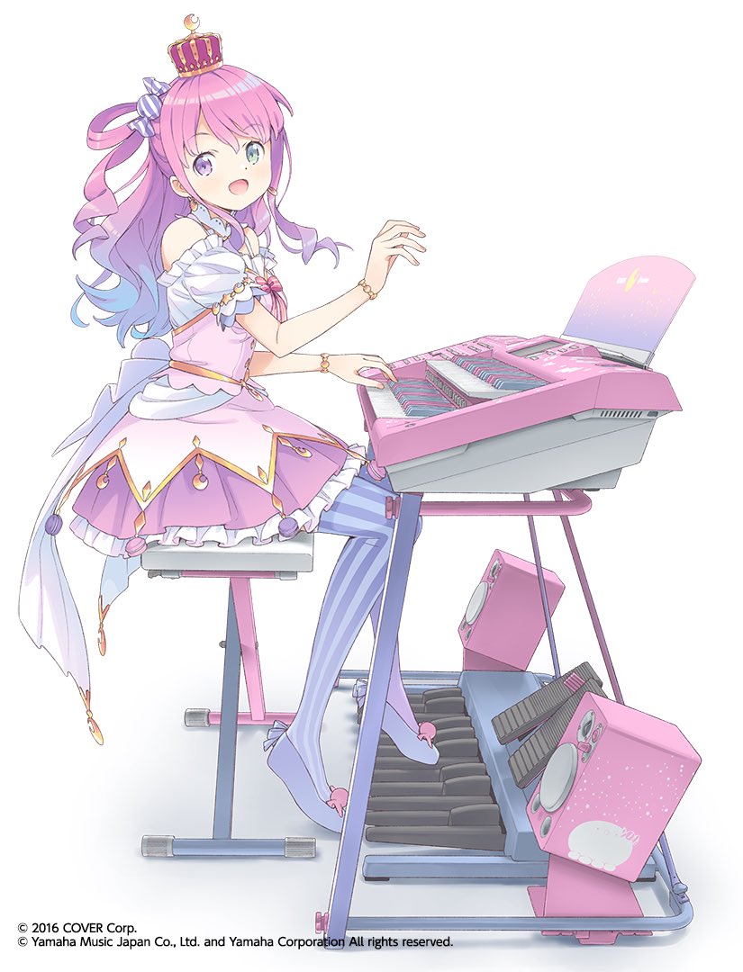 himemori luna 1girl piano solo pink hair instrument crown heterochromia  illustration images