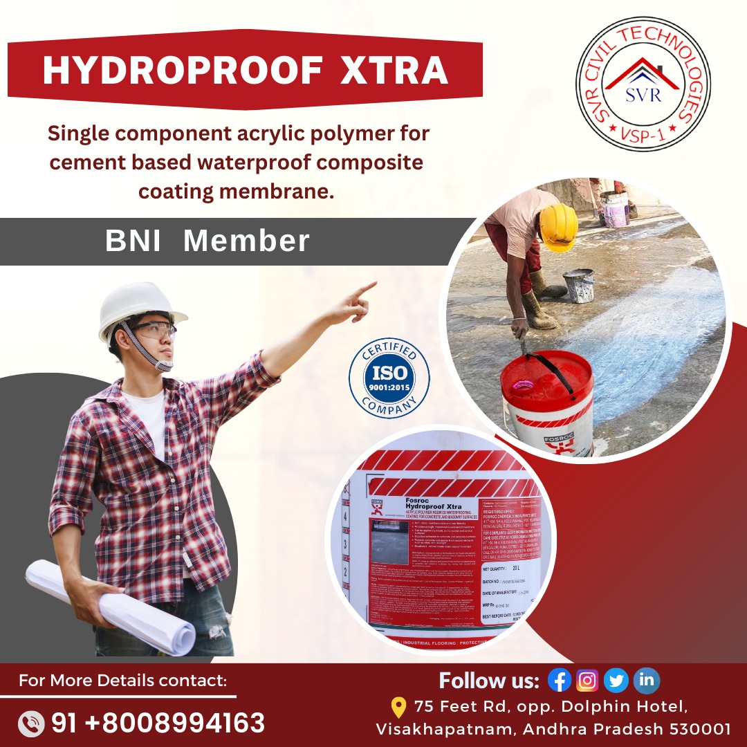 HYDROPROOF XTRA
Single component acrylic polymer for cement based waterproof composite coating membrane.
BNI Member

Contact us: +91 8008994163
Visit Us: - svrciviltechnologies.com'

#waterproofingbasementwallsfrominside #waterproofingcoating #wallwaterproofing #waterproofsealer