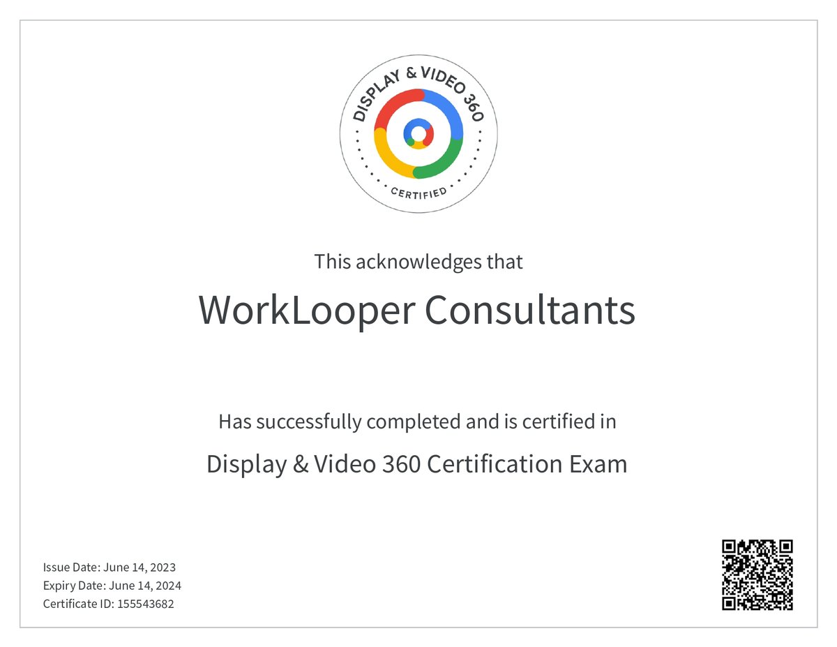 work_looper's tweet image. 🎉Proudly Certified in Display &amp;amp; Video 360!🏆🚀
Our team has successfully completed the rigorous training and gained expertise in leveraging the cutting-edge capabilities of Display &amp;amp; Video 360.
#DisplayAndVideo360 #CertifiedProfessionals #DigitalAdvertising #certifiedbygoogle
