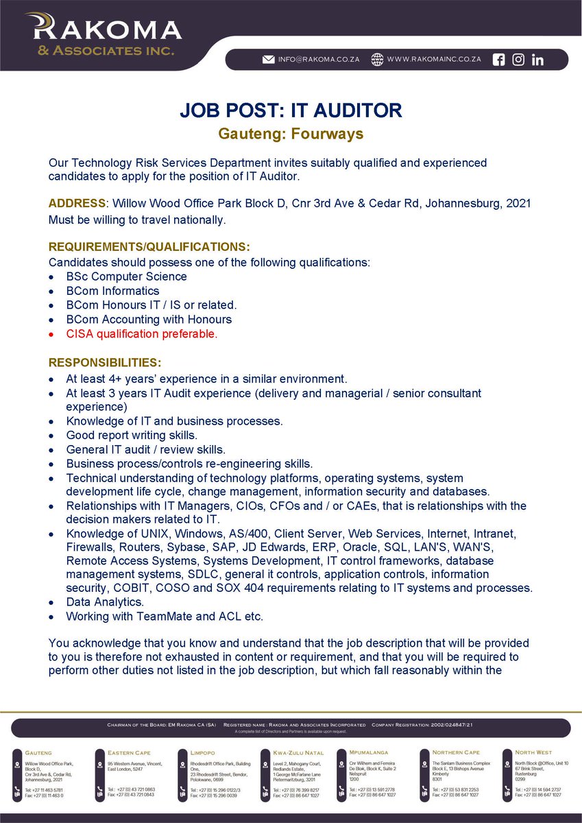 InfoAtRakoma's tweet photo. JOB POST: IT AUDITOR - Fourways  #JobSeekersSA #JobAdviceSA #jobseekers #Followforjobs #HireMe #JobSeekersWednesday #recruitment #job #hiringprofessionals #jobopportunity #recruiting #Accounting #Accountants #Accountant https://t.co/tCKhbJxn9I